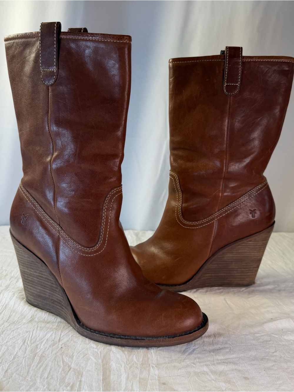 Frye Caroline sz9.5 Brown Leather Wooden Wedge Mid-Calf PullOnBoots Western